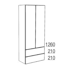 Badea Hochschrank 70 cm, 2 Türen, 2 Auszüge, 3 Glaseinlegeböden, Skizze
